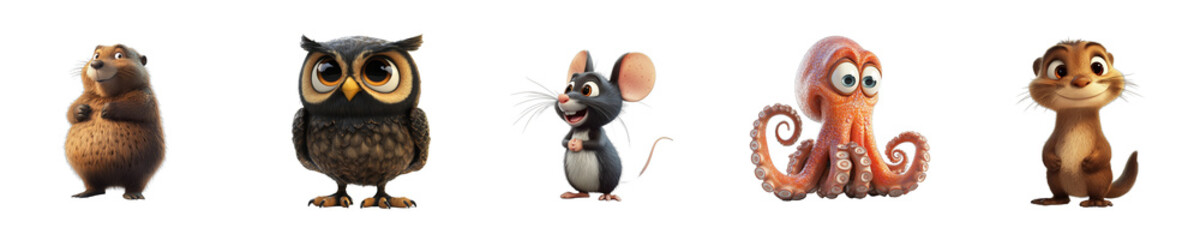 Naklejka premium Collection set of animals Beaver Owl Mouse Octopus Otter isolated on transparent background 3D style