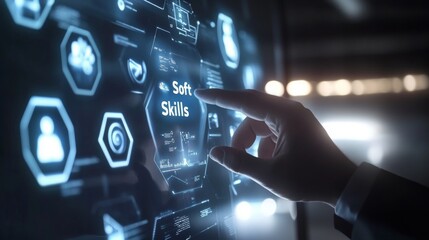 Virtual interface with skills, pointed to by businessman.