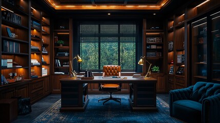 Elegant luxury home office showcasing a high-end wooden desk surrounded by rich bookshelves and cozy ambience for ultimate productivity