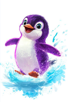 
A bright purple penguin sliding on ice, with a joyful expression, with vibrant colors and a cartoonish style , set on a white background