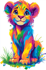 Fototapeta premium A colorful lion cub with a playful smile, sitting on a patch of grass, 100% white background , with vibrant colors and a cartoonish style