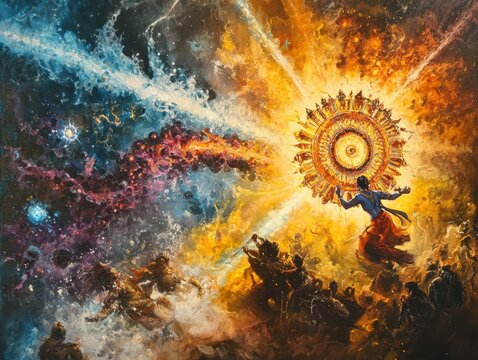 Sudarshan Chakra glowing with divine energy, as Krishna channels its immense cosmic power, striking down mythological foes in a galactic battle, his presence overwhelming the battlefield