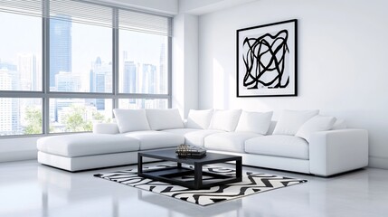 Transform your living space with a minimalist style embrace serenity in a low-profile white sofa room overlooking the cityscape