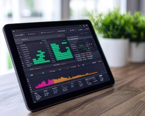 Tablet displaying asset performance dashboard, wealth management insights, modern tech setup