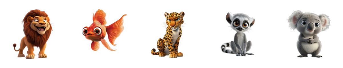 Collection set of animals Lion Betta Leopard Lemur Koala isolated on transparent background 3D style