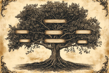
Ancestral Family Tree Illustration: A vintage-style family tree with a large, majestic tree featuring engraved name banners for each branch, fine details like delicate vines and wrapping leaves