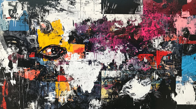 A colorful abstract painting with large eyes and a white background, created by an unknown artist
