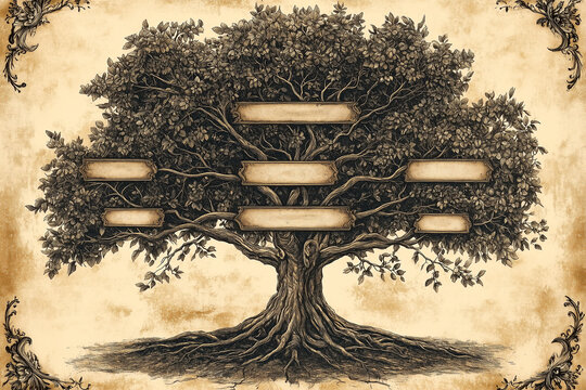 
Ancestral Family Tree Illustration: A vintage-style family tree with a large, majestic tree featuring engraved name banners for each branch, fine details like delicate vines and wrapping leaves