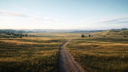 Obraz premium Winding path leads through endless prairie fields under clear skies inviting exploration of nature's serenity and beauty