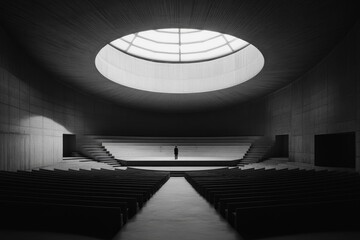 The modern auditorium features a circular ceiling and sleek concrete design, highlighting a minimalist aesthetic with dramatic lighting, creating a warm atmosphere for diverse events