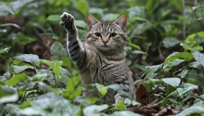 A playful cat gives a high five surrounded by lush green foliage