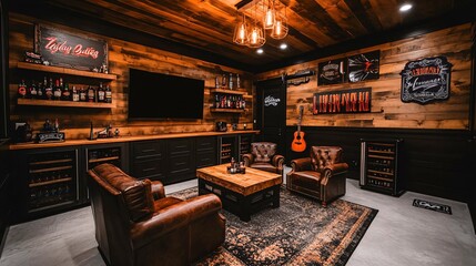 Creating a rustic style garage man cave with reclaimed wood walls and leather furniture for ultimate relaxation