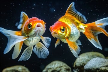 Fototapeta premium Two Goldfish Swimming in a Dark Aquarium