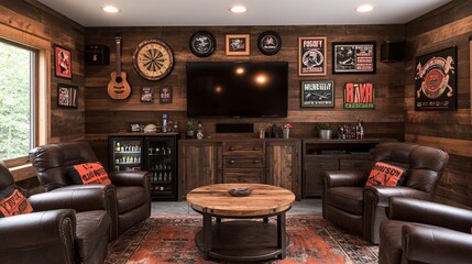 Create a cozy rustic style garage man cave with reclaimed wood walls and leather furniture for ultimate relaxation and entertainment