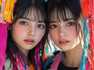 Obraz premium Two beautiful japanese girls posing with colorful yarn decorations. AI generated