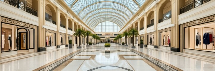 Luxurious shopping mall interior, arched glass ceiling, palm trees, marble floors, reflective surfaces, high-end retail stores, symmetrical architecture, bright and airy space, elegant colonnade, upsc