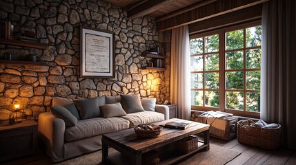 Fototapeta premium Creating a cozy rustic living room with comfortable linen sofa and natural elements to enhance relaxation and aesthetic appeal