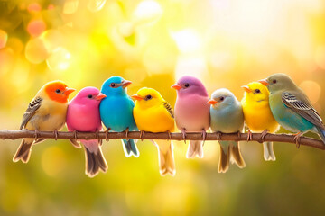 "Happy National Bird Day!" with colorful birds on a branch against a sunny background