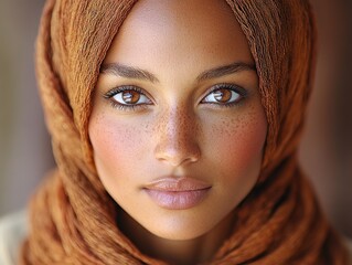 Portrait of confident young multiethnic woman wearing orange headscarf. AI generated