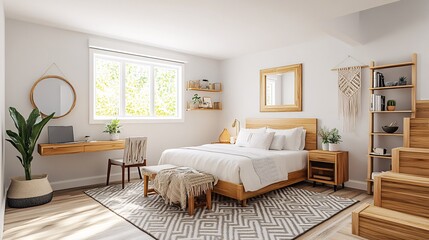 Transform your scandinavian style basement into a cozy minimalist guest bedroom with natural light and functional design elements for ultimate comfort and relaxation