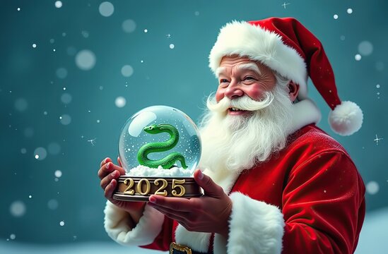 Santa Claus with holding a snow globe with golden snake Inside. The background is blue. Light Snow Background, Christmas Background, Card, Golden Numbers 2025, copy space