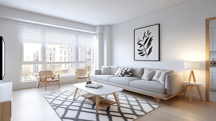 Fototapeta premium Bright scandinavian living room showcasing light gray sofa with wooden accents and inviting atmosphere