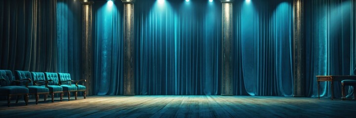 Ornate theater stage, teal blue velvet curtains, dramatic lighting, empty spotlight, vintage wooden floorboards, elaborate golden decorative moldings, mysterious atmosphere, dark shadows, grand perfor