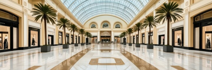 Luxurious shopping mall interior, arched glass ceiling, palm trees, marble floors, reflective surfaces, high-end retail stores, symmetrical architecture, bright and airy space, elegant colonnade, upsc