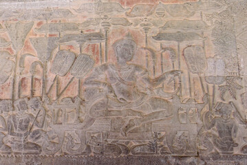 Fototapeta premium Bas relief sculpture of King Suryavarman II, southern gallery, Angkor Wat, Siem Reap, Cambodia