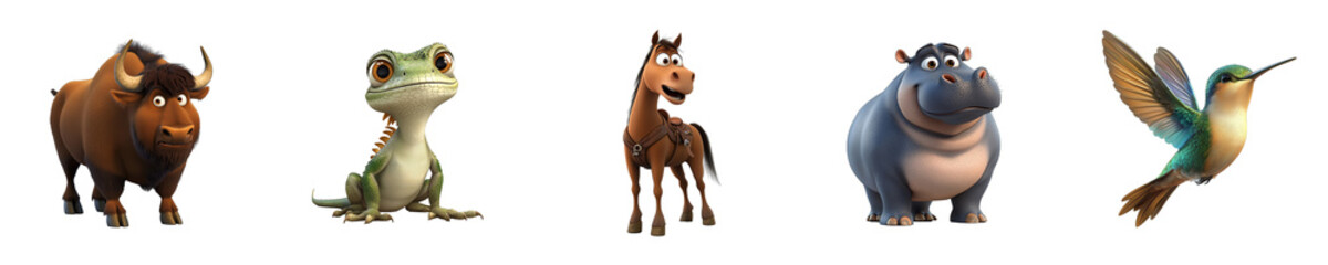 Collection set of animals Bison Iguana Horse Hippopotamus Hummingbird isolated on transparent background 3D style