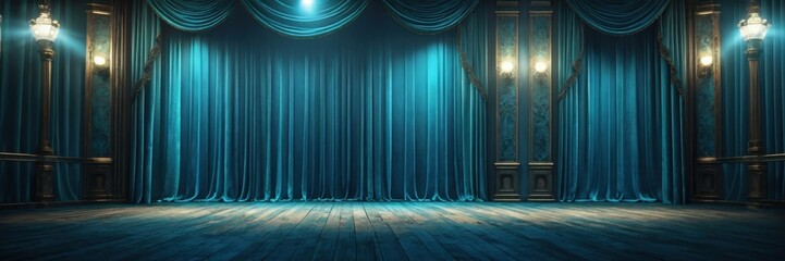 Ornate theater stage, teal blue velvet curtains, dramatic lighting, empty spotlight, vintage wooden floorboards, elaborate golden decorative moldings, mysterious atmosphere, dark shadows, grand perfor