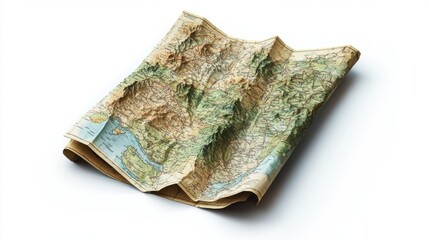 Detailed Topography Folded Map Isolated on White Background