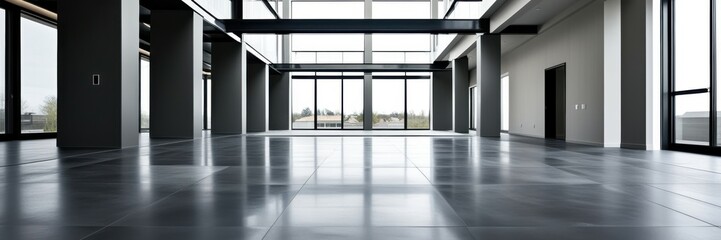 Obraz premium Modern empty office space, panoramic windows, sleek concrete floors, minimalist architecture, open plan, natural light, urban view, corporate interior, clean lines, spacious layout, monochromatic colo