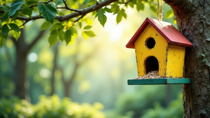 A birdhouse hanging from a tree branch with sunlight filtering through the leaves.
