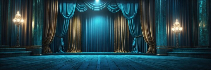 Ornate theater stage, teal blue velvet curtains, dramatic lighting, empty spotlight, vintage wooden floorboards, elaborate golden decorative moldings, mysterious atmosphere, dark shadows, grand perfor