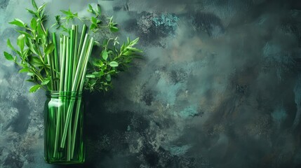 Reusable metallic straws in a green glass, placed on a rustic surface.
