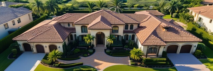 Aerial view of luxury mansion, Mediterranean-style architecture, red tile roof, sprawling estate, manicured lawns, palm trees, expansive driveway, affluent neighborhood, high-end real estate, drone ph
