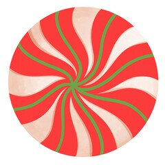 Swirling red and white peppermint design with green accents