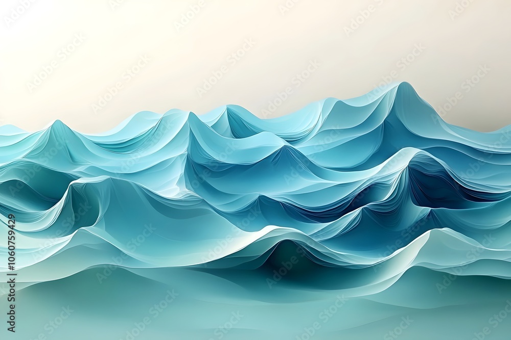 Poster a serene abstract representation of waves, featuring smooth undulating forms in varying shades of bl