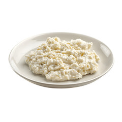Fresh cottage cheese served on a white plate, isolated on a transparent background, perfect for food-related projects and culinary presentations