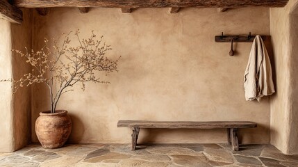 Embracing wabi-sabi a serene entryway featuring a rough wooden bench and natural elements in a minimalist design