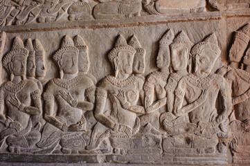 Bas-relief sculpture at Angkor Wat, Siem Reap, Cambodia.
