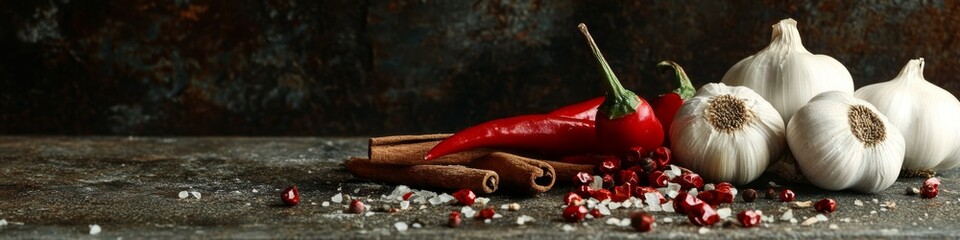 Garlic banner with chili peppers and spices for culinary decoration.