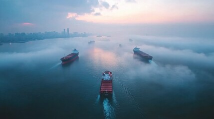 Obraz premium Ethereal Serenity: Misty Waterscape with Cargo Ships