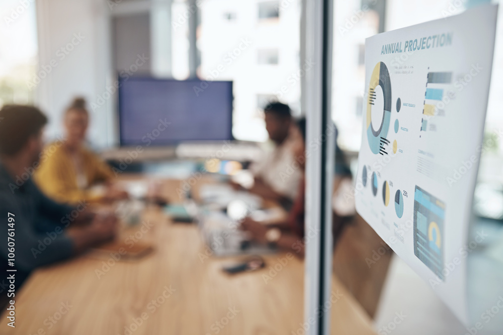 Poster notes, glass wall and graphs in office, meeting and business people for ideas, teamwork and annual p