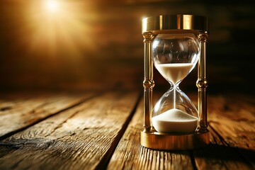 Close up of an hourglass with sand flowing, symbolizing the passage of time...