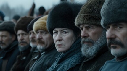 Obraz premium Close-up of four people in winter clothing, looking to the left.