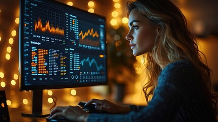 Woman stock trader is focused on analyzing multiple real-time stock market graphs and trends on computer monitor