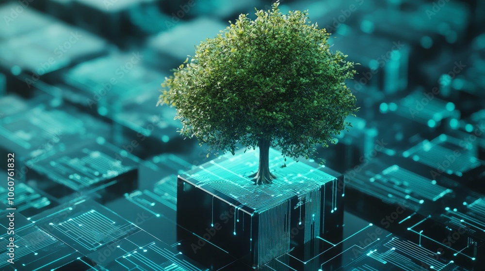 Poster tree emerging from a digital circuit cube, symbolizing technology and nature.
