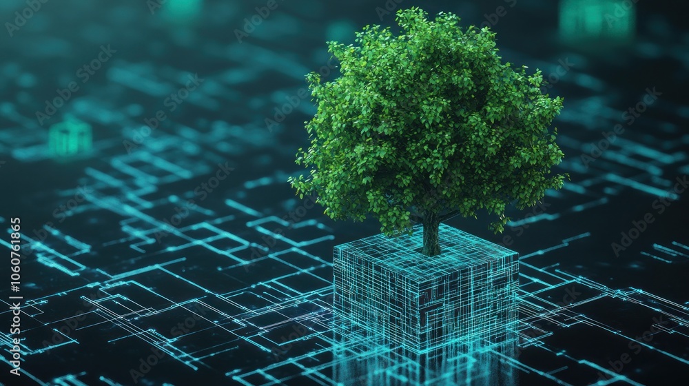 Poster tree emerging from a digital circuit cube, symbolizing technology and nature.